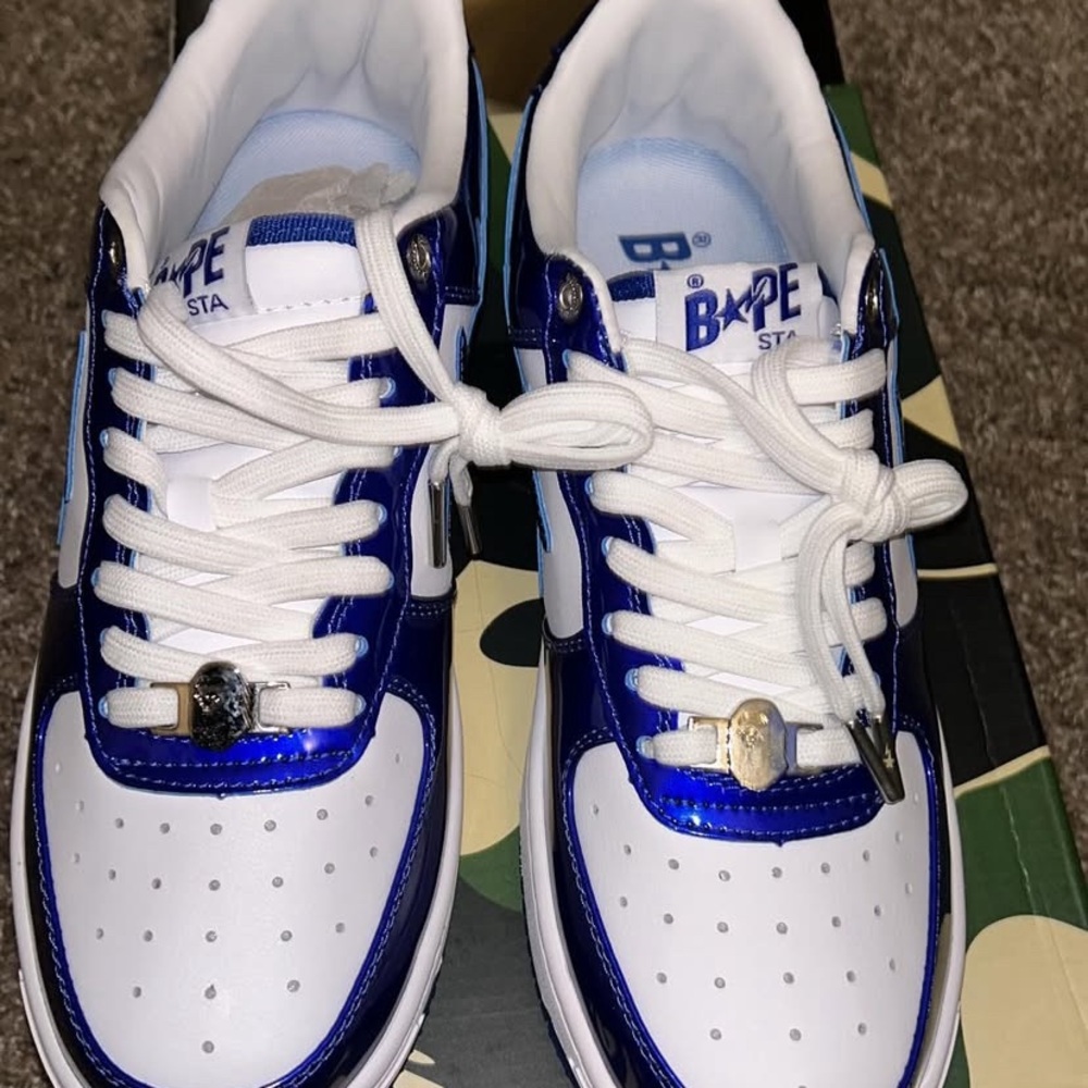 Bape White and Metallic Blue Bapesta Shoes